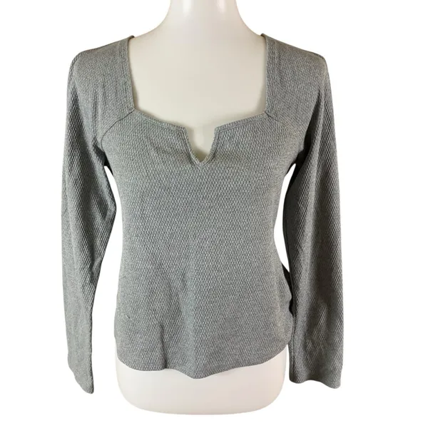 Pilcro Gray Waffle Knit Long Sleeve Notch Neck Top M Casual Minimal - Image 2