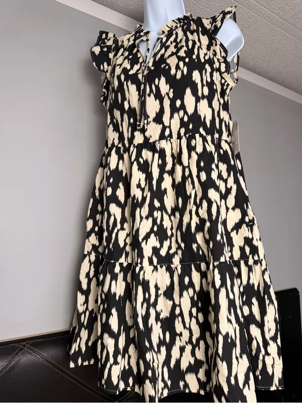 Time and Tru Black and Cream Printed Tiered Mini Dress - Image 2