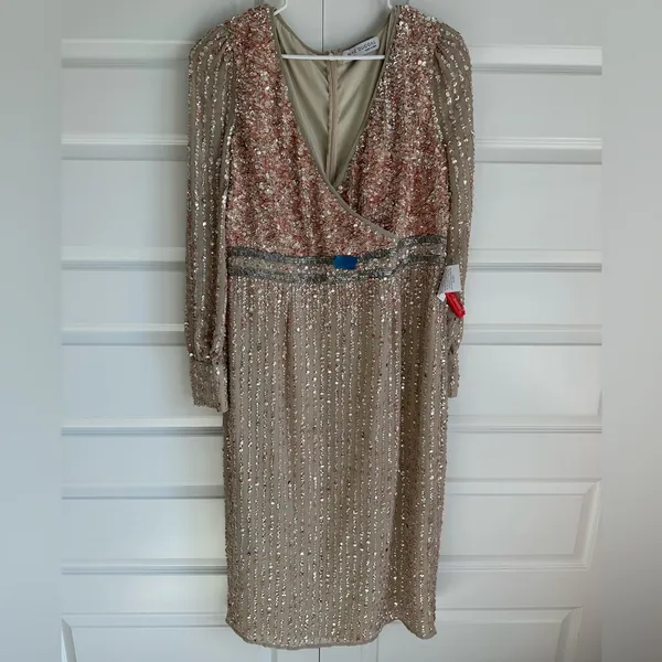 Mac Duggal Sequined‎ V Neck Bishop Sleeve Midi Dress 93593 - Image 4