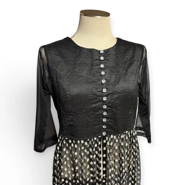 Karishma Maxi Length Overlay Crystal Buttons Sheer 3/4 Sleeves Black XL - Image 2