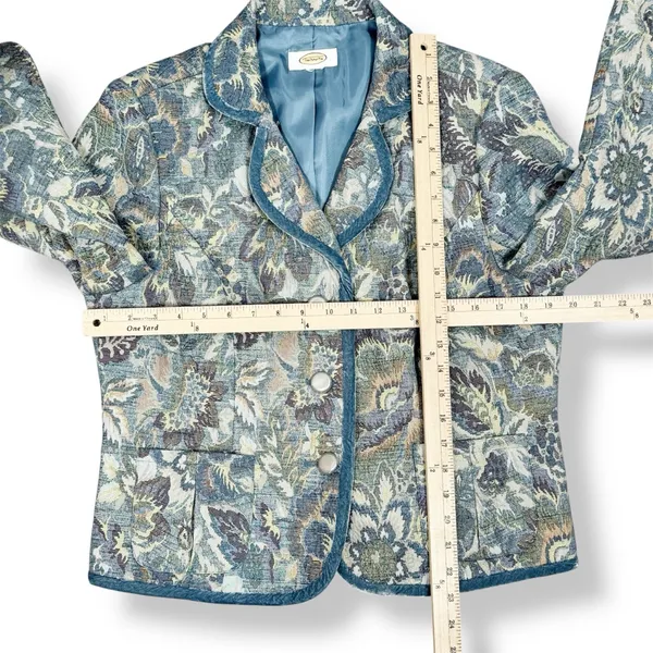 Vintage Talbots Blazer Women XL Blue Floral‎ Brocade Velvet Trim Jacket Boho - Image 12