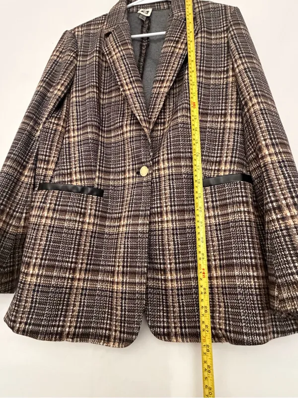 Anne Klein Women Plaid Single Button Knit Blazer Faux Leather Trim Size M(A899) - Image 4