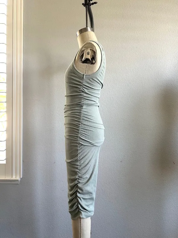 Sleeveless Ribbed Ruched Midi Dress Sage Green Bodycon Size XXS - Image 2