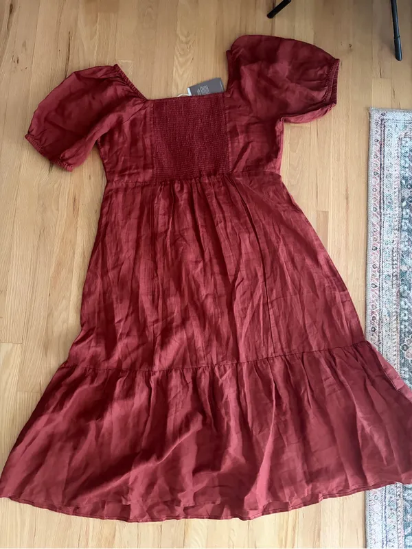 New Garnet Hill Linen Puff Sleeve Midi Dress Marsala tiered burgundy XL - Image 7