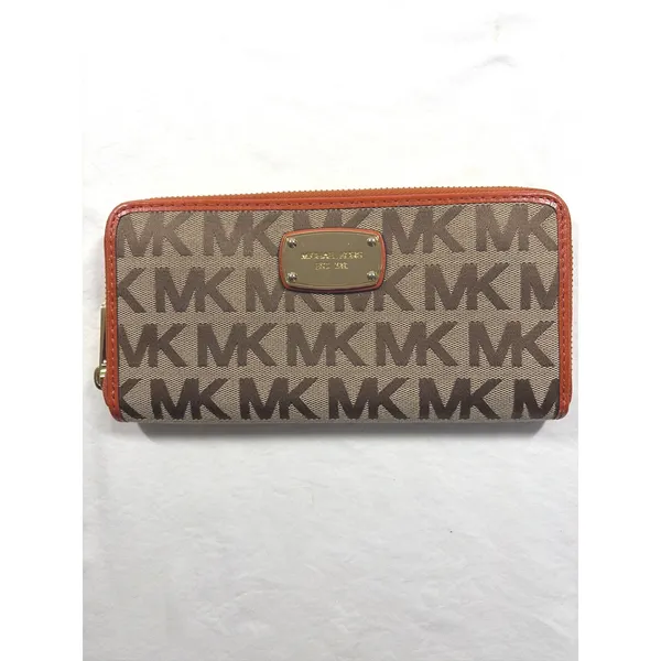 Michael Kors Jet Set Wallet Brown Monogram Canvas Orange Leather Zip Around - Image 2