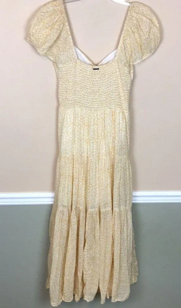Billabong Women’s Boho Floral Print Yellow White Puff Sleeve Tiered Maxi Dress - Image 5
