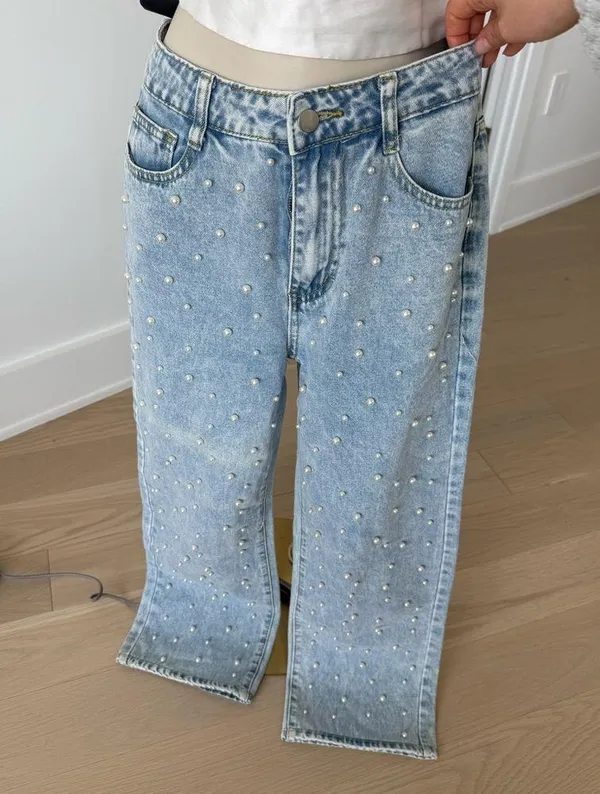 Women's Light Blue Pearl Beaded Slightly Flare Jeans - Image 10