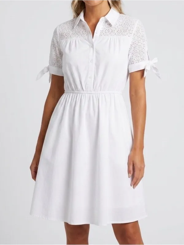 NEW Monteau White Eyelet Midi Dress buttons SMALL tie sleeve cottage womens - Image 3