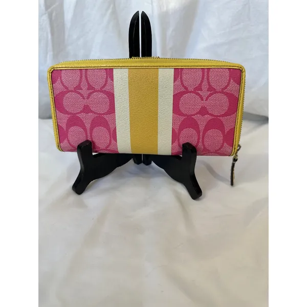 Coach Signature Pink Heritage White Yellow Stripe Accordion Wallet EUC - Image 2