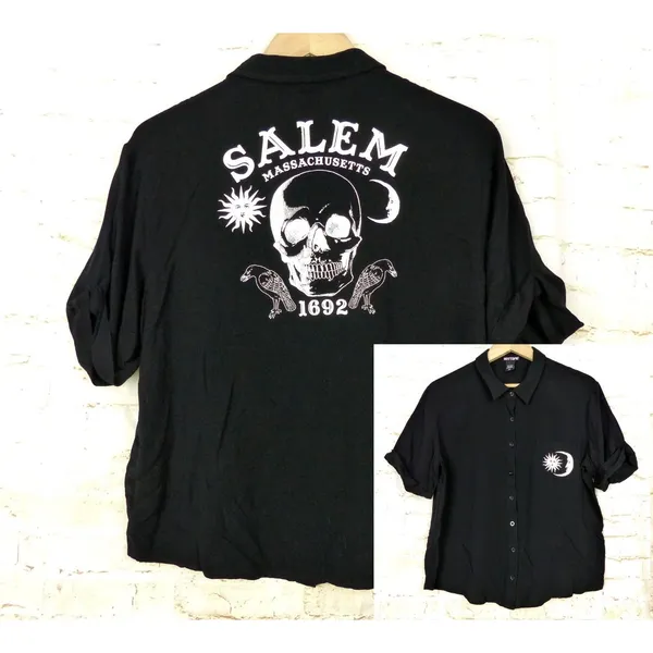 Hot Topic Skull Salem Oversized Button Shirt Womens S Black Goth Witch Moon - Image 2