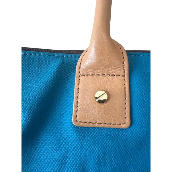Tory Burch Jaden Tote Blue Canvas‎ Coconut Tan Leather Shopper Bag - Image 4