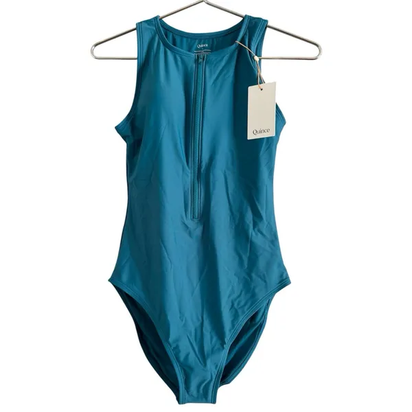 NWT Quince Italian Zip Front One Piece Swimsuit Lagoon Teal Blue Size XS - Image 4