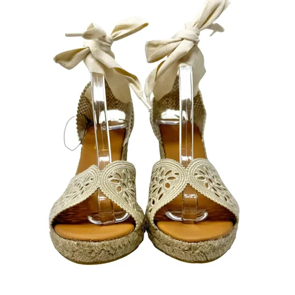 Maypol NEW Crochet Espadrille Wedge Sandals Peep Toe Ankle Wrap Cream Size 41 - Image 6