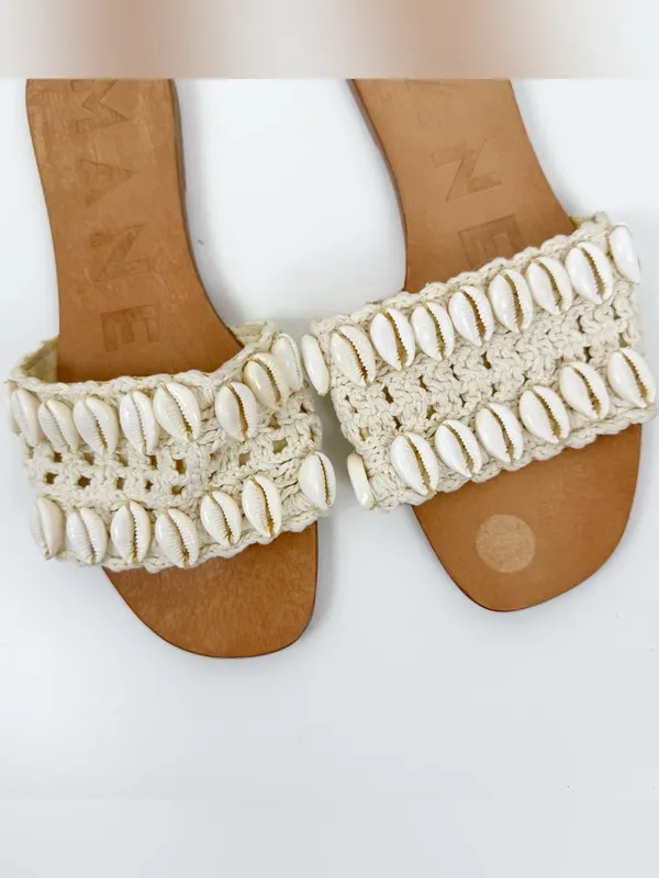MANEBI Yucatan Raffia Sandals Crochet Shell Leather Slide Tan Size 10 - Image 2