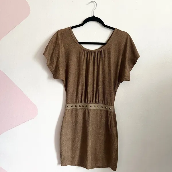 Brown Beaded Babydoll Mini Dress Y2K 2000s Boho Bohemian 2000s‎ Western Sz XS - Image 2