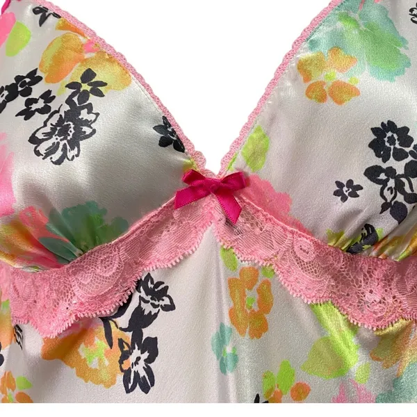 Victoria Secret M Floral Satin Lace Trim Slip Dress Lingerie Babydoll Cottage‎ - Image 3