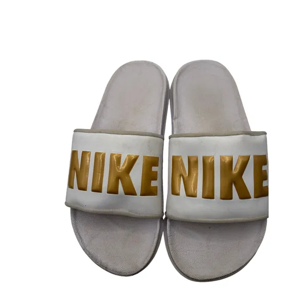 Nike White Size 6 Slide Sandals Gold Logo Casual Sporty Summer Footwear - Image 3