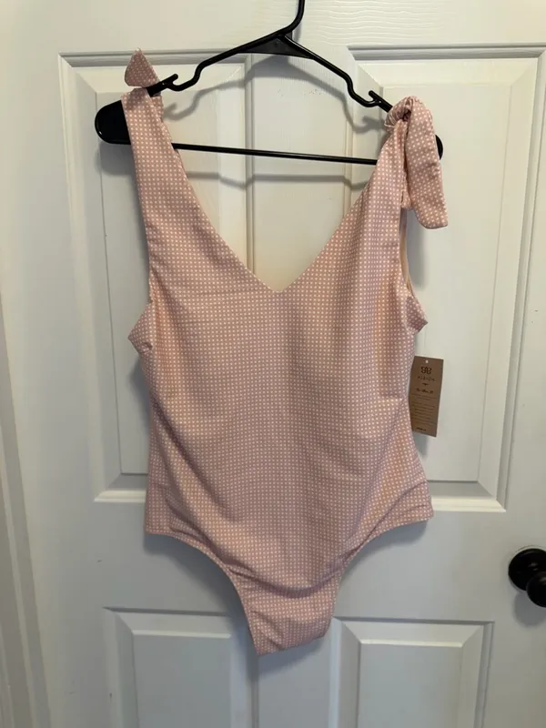 Albion Fit Belle One Piece Swimsuit Pink Checkers Size XXL Shoulder Tie Gingham - Image 3