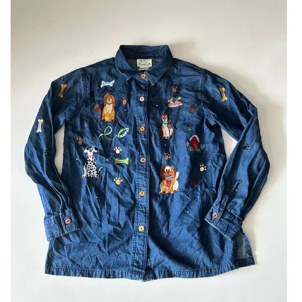 Quaker Factory Vintage Denim Embroidered Dog Shirt Blue Button Down Medium - Image 2
