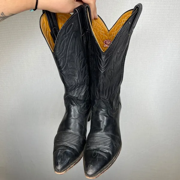 Nocona Boots Black Leather Western Cowboy Boots Pointed Toe Made in USA 7 C - Image 2