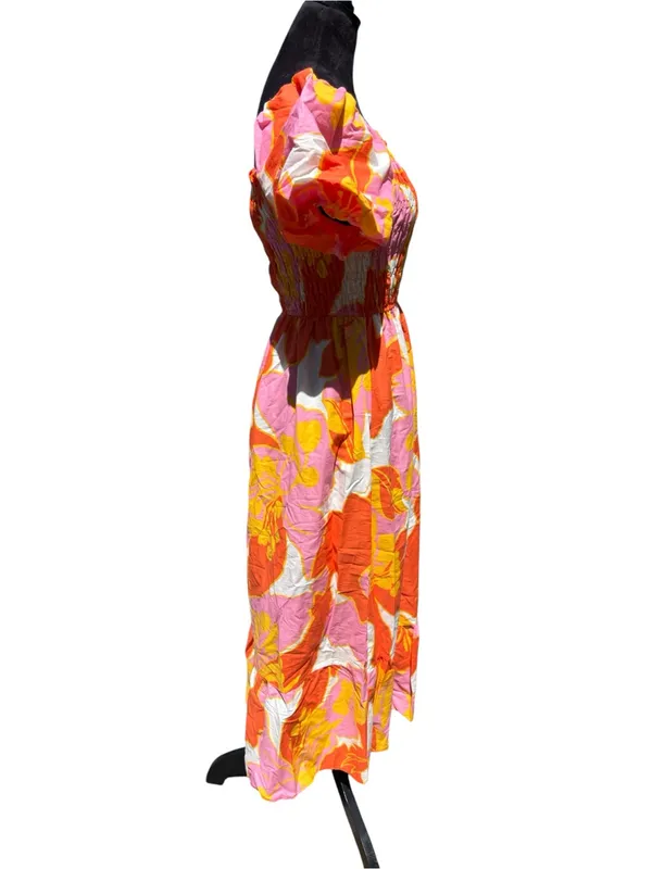 Ana & Rose Floral Smocked Midi Dress Puff Sleeve Tropical Boho Orange Pink L - Image 7