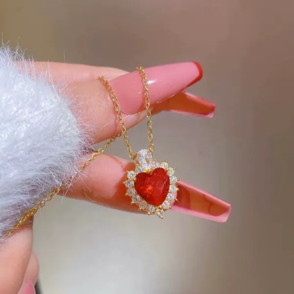 18K Gold Plated Birthstone Crystal Love Heart Ruby Pendant Necklace for Women - Image 2