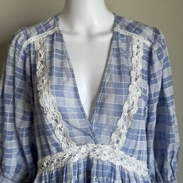 Free People Boho Lace Crotchet Plaid Puff Sleeve Top - Image 4