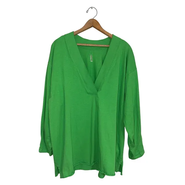 Free People Movement Green Oversized V-Neck Long Sleeve‎ Top Pleated Cuff M M/M - Image 2