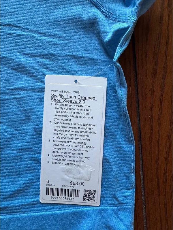 Lululemon Swiftly Tech Cropped Short Sleeve 2.0 Ocean Wave Size 6 NWT - Image 4