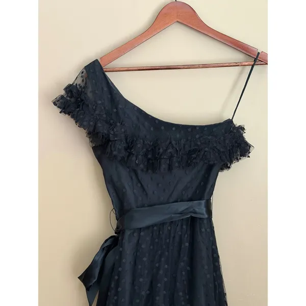 VTG 80s Black Swiss Tulle Dot One Shoulder Cocktail Dress Size 10 Whimsigoth - Image 7