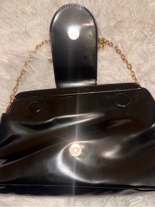 Juicy Couture Black Overstated Patent Leather Gold Monogram chain purse bag y2k - Image 4