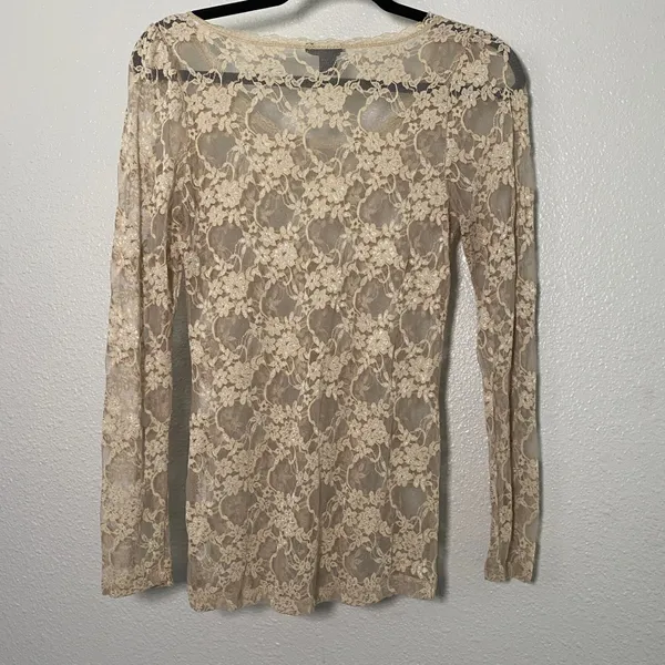 Tan Sheer Lace Top Medium Fairycore Festival Mesh Bohemian Boho Hippie Layering - Image 2