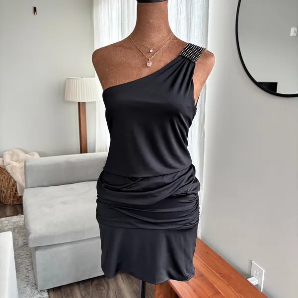 90s Y2K Vintage Speechless One Shoulder Dress Rhinestone Ruched McBling Party XS - Image 6