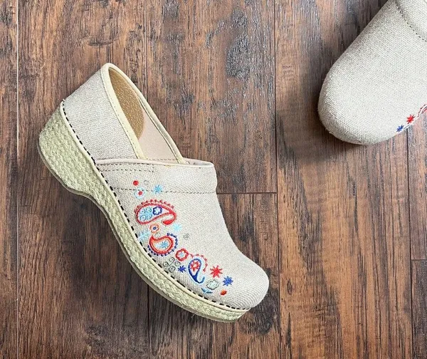 Dansko • Jute Pro clogs vegan Linen Embroidered Natural burlap platform slip on - Image 2