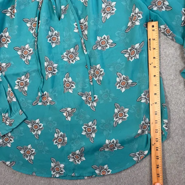 LOFT Outlet Women's Medium Sheer Teal Floral Ruffle Tie Neck Blouse Top - Image 6