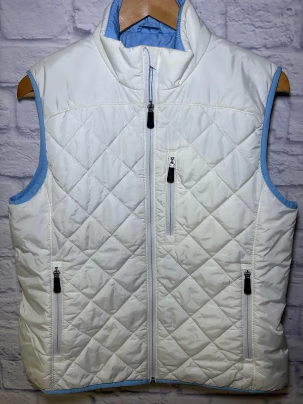 Lands End Vest Women's Size Med 10/12 White Blue Quilted Warm Full Zip Primaloft - Image 2