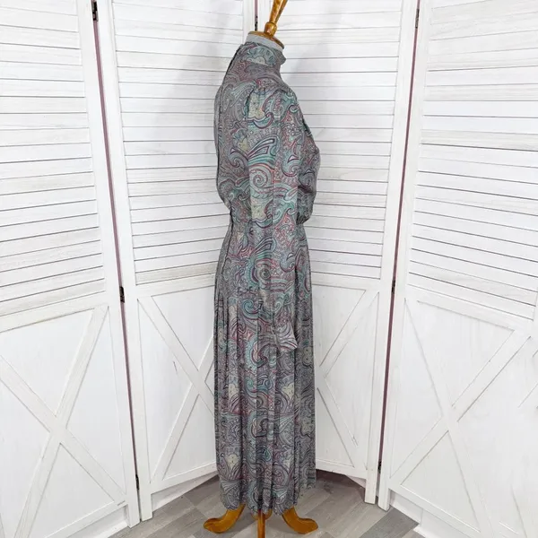 Vntg J.G. Hook Paisley Pleated Mock Neck Maxi Dress Green Multi Size‎ 4 Heritage - Image 3