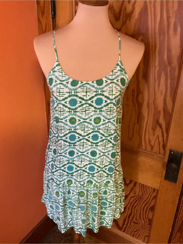 Roxy Green White Geometric Mini Dress Small Adjustable Strap Beach Sundress - Image 9