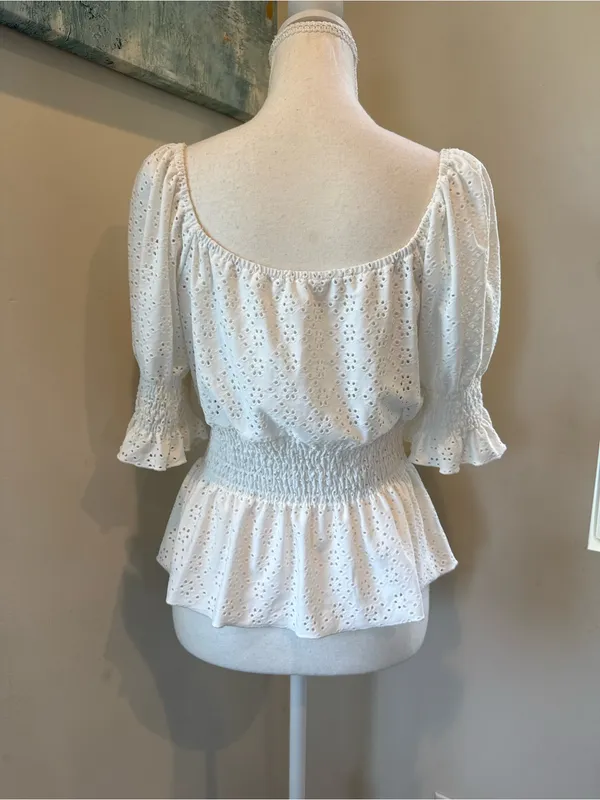 URBAN Romantics White Eyelet Smocked Peplum Blouse - Image 3