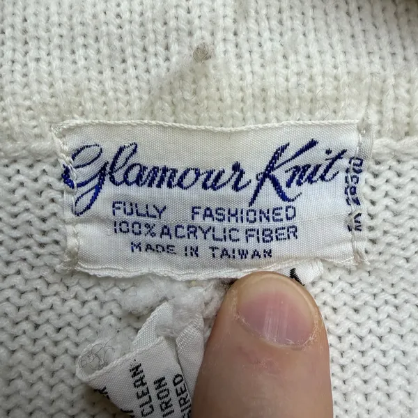 Glamour Knit Vintage Fair Isle Cardigan Sweater White Brown Geometric Belted M - Image 3