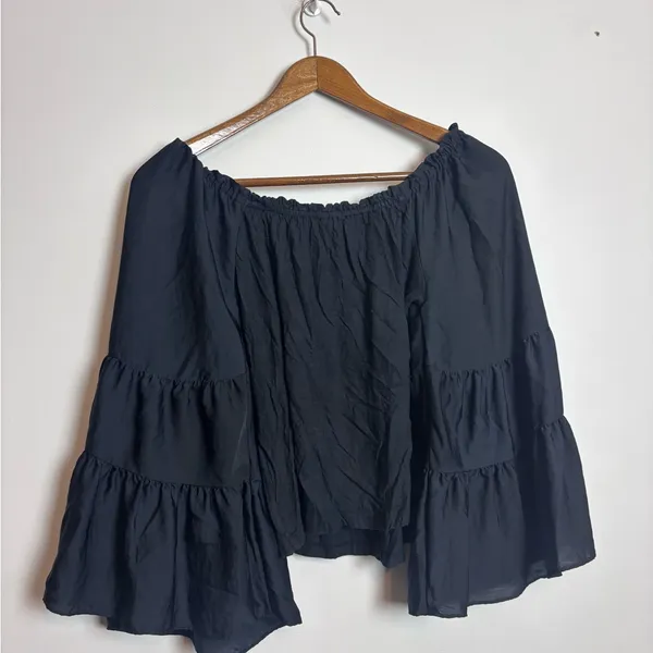 Anthropologie Black Off Shoulder Ruffled Hippie Fairy Peasant Top - Image 11