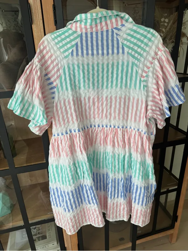 AURA Striped pastel babydoll shirt dress mini button down pockets collar short - Image 4