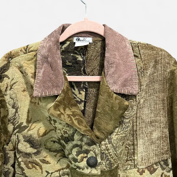 Vintage Y2K Boho Patchwork Tapestry Carpet Jacket Suede Collar Made in USA - Image 5