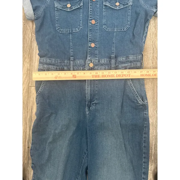 Gap Women Blue Denim Utility Jumpsuit Short Sleeve Button Front Romper Size 10 - Image 7