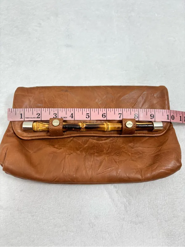 Elaine Turner Tan Brown Leather Clutch with Bamboo Accent - Image 8