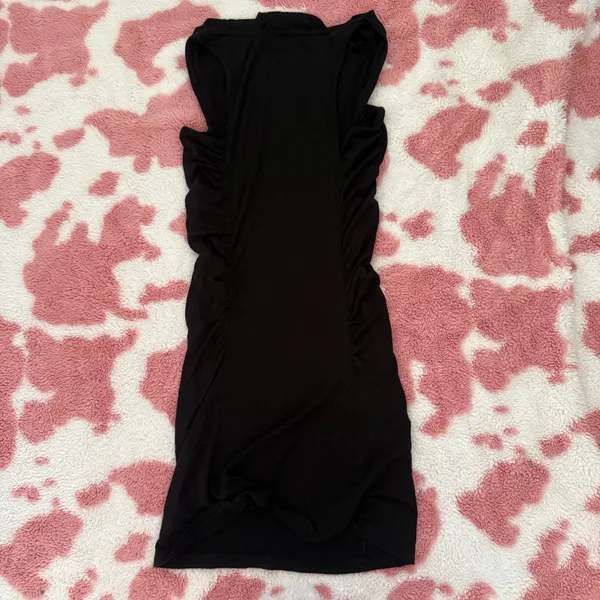 Y2K Inspired Black Ruched Bodycon Mini Dress – Sheer Mesh Metallic Rose Detail (Size S) - Image 3