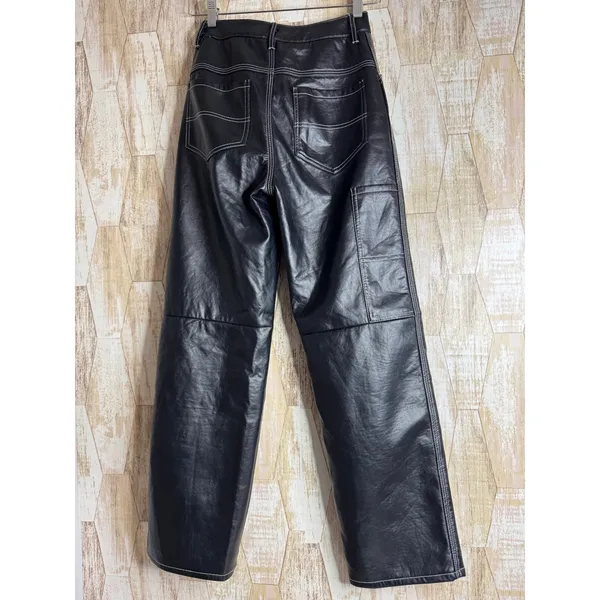 Simonett Kika Pants Black Faux Leather Contrast Stitch‎ Wide Leg XS High Rise - Image 2