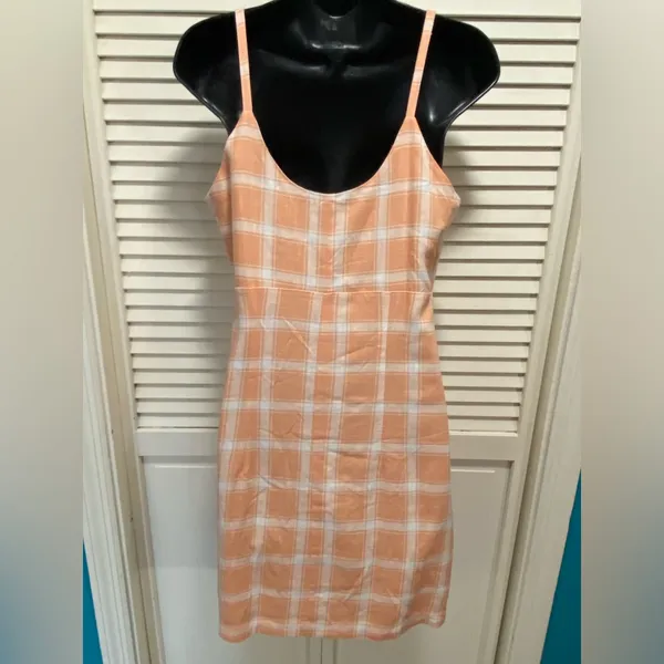 Forever 21‎ Peach/White Checkered Sleeveless Tank Sundress Lined Linen Size M - Image 5