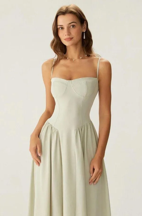 RIHOAS Green Square Neck Pocket Slip Midi Dress L - Image 2