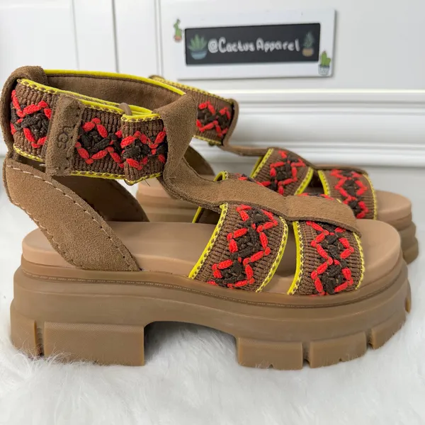 New UGG Ashton Heritage Braid Brown Suede Neon Trim Platform Sandals Size 7 - Image 2